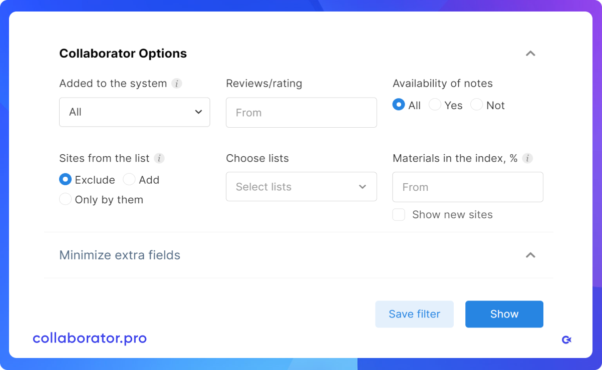 How to filter websites by lists in Collaborator