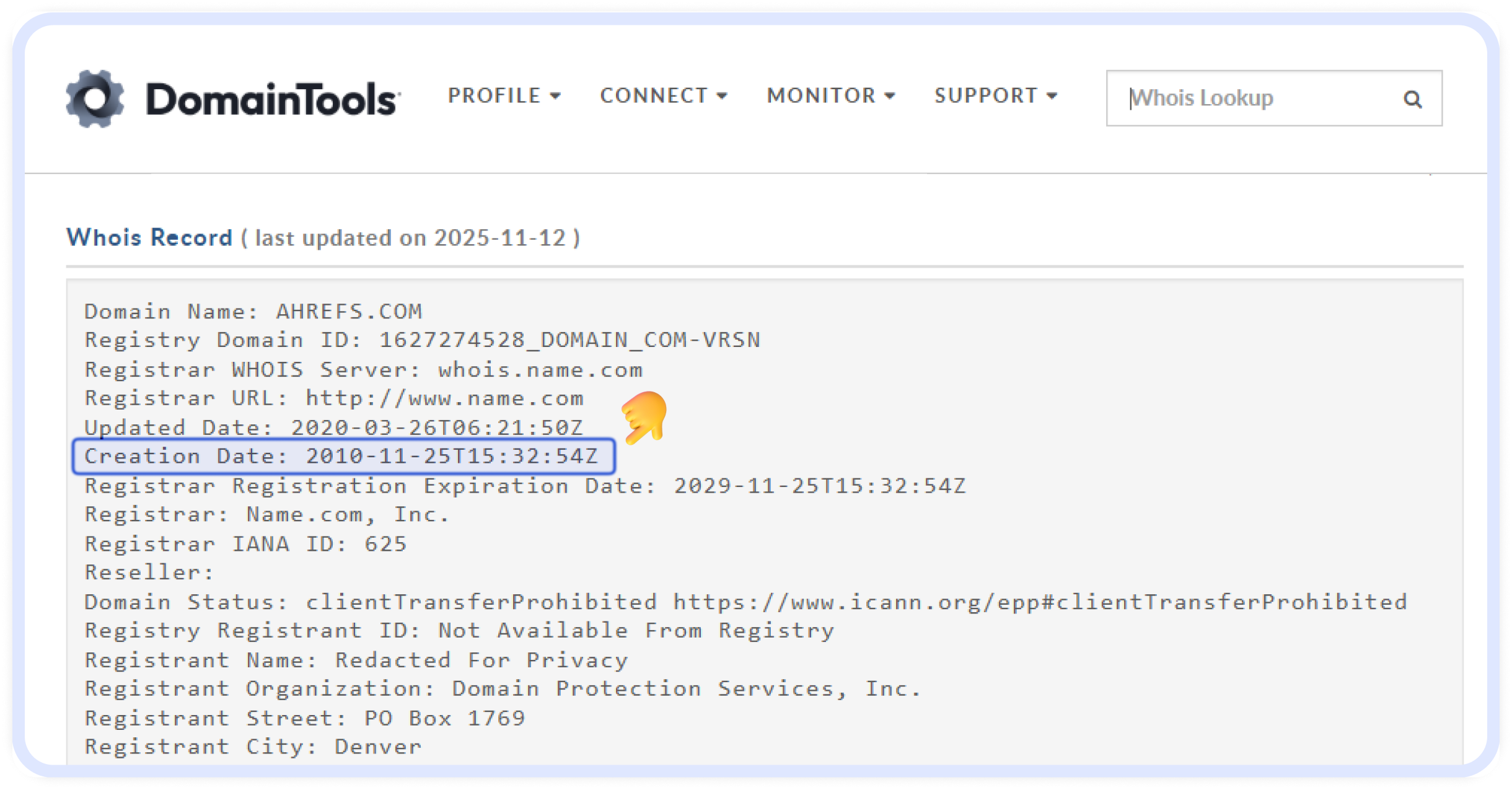 How to Check Website Age. DomainTools WHOIS record for AHREFS.COM showing creation date and essential domain registration details.